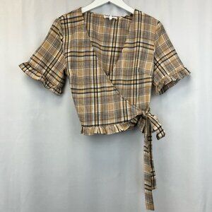 Fika The Brand Womens Wrap Top Multicolor Short Sleeve Waist Tie Ruffles L New